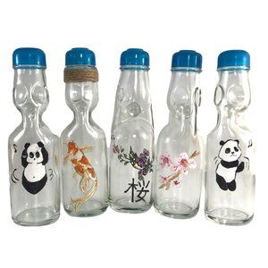 Lot of 5 Hand Painted Japanese Ramune Soda Codd Bottles Pandas Flowers Koi Fish